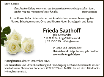 Traueranzeige von Frieda Saathoff von WLZ