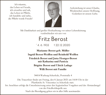 Traueranzeige von Fritz Berost von WLZ