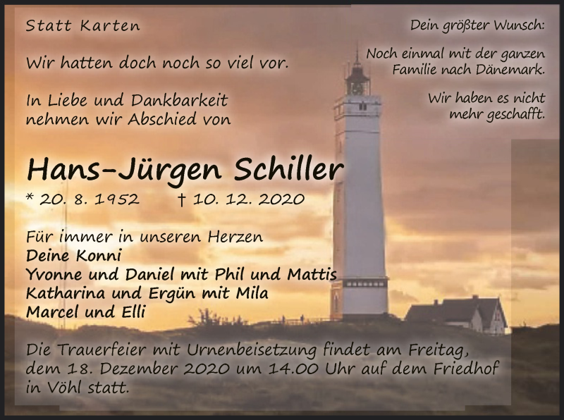  Traueranzeige für Hans-Jürgen Schiller vom 15.12.2020 aus WLZ