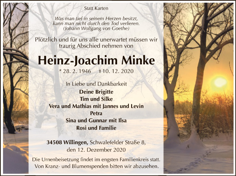  Traueranzeige für Heinz-Joachim Minke vom 12.12.2020 aus WLZ