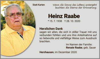 Traueranzeige von Heinz Raabe von WLZ