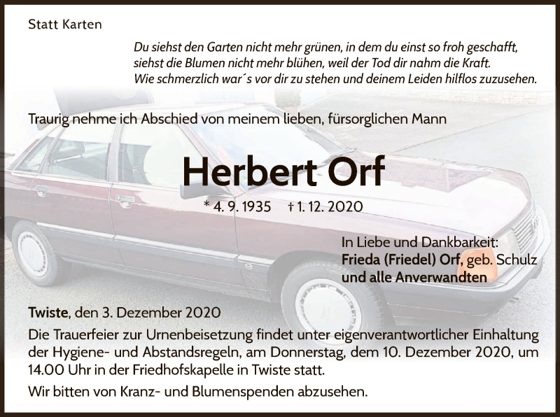  Traueranzeige für Herbert Orf vom 03.12.2020 aus WLZ