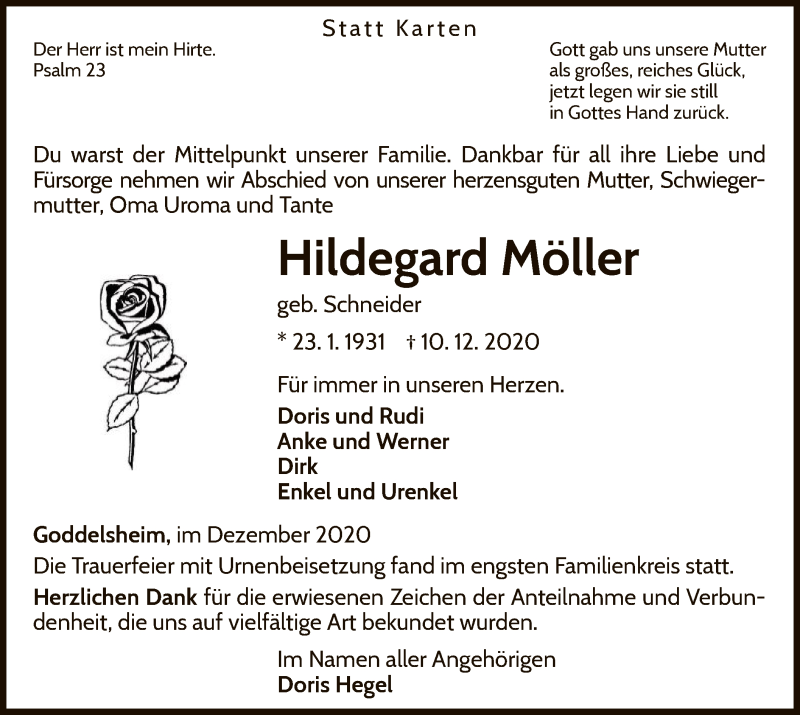  Traueranzeige für Hildegard Möller vom 22.12.2020 aus WLZ