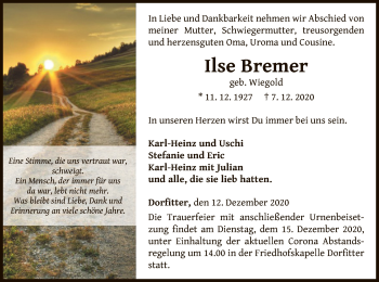 Traueranzeige von Ilse Bremer von WLZ