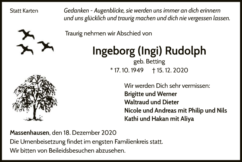  Traueranzeige für Ingeborg Rudolph vom 18.12.2020 aus WLZ