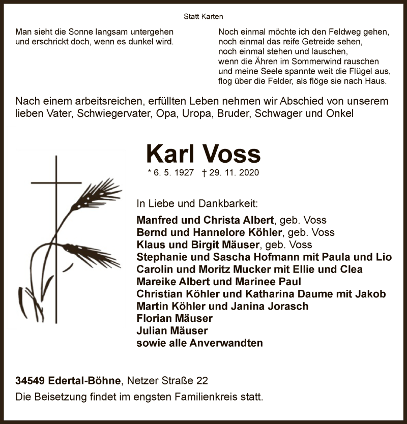  Traueranzeige für Karl Voss vom 05.12.2020 aus WLZ