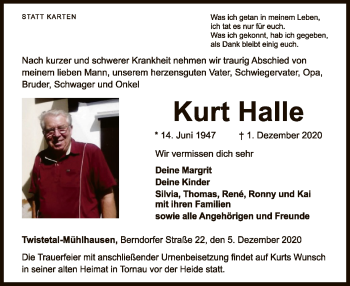 Traueranzeige von Kurt Halle von WLZ