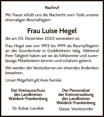 Traueranzeige von Luise Hegel von WLZ