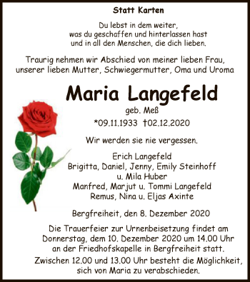 Traueranzeige von Maria Langefeld von WLZ