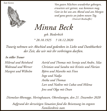 Traueranzeige von Minna Beck von WLZ