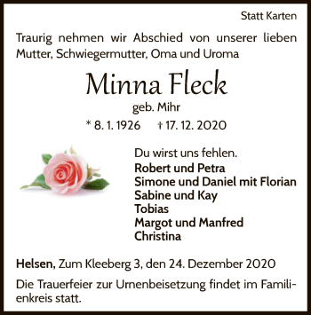 Traueranzeige von Minna Fleck von WLZ