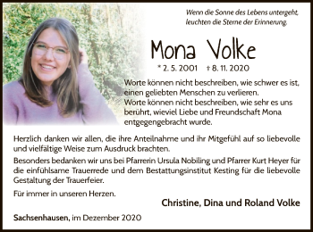 Traueranzeige von Mona Volke von WLZ