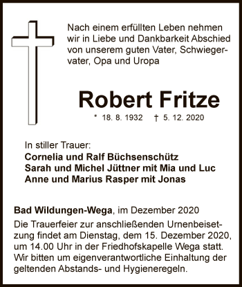 Traueranzeige von Robert Fritze von WLZ