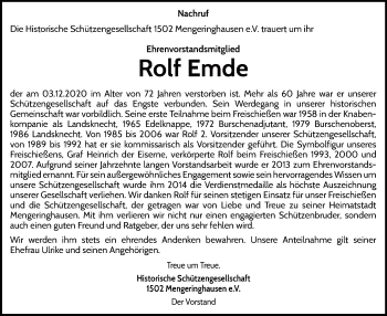 Traueranzeige von Rolf Emde von WLZ