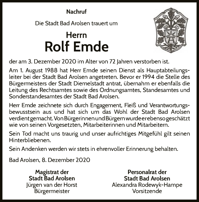  Traueranzeige für Rolf Emde vom 08.12.2020 aus WLZ