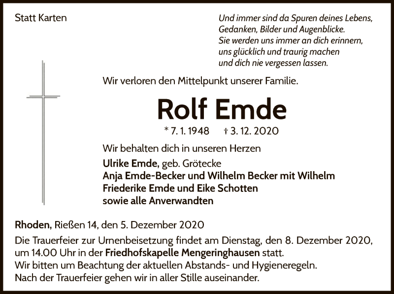  Traueranzeige für Rolf Emde vom 05.12.2020 aus WLZ