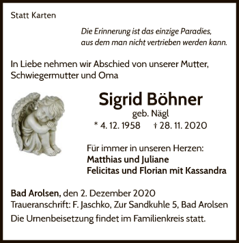 Traueranzeige von Sigrid Böhner von WLZ