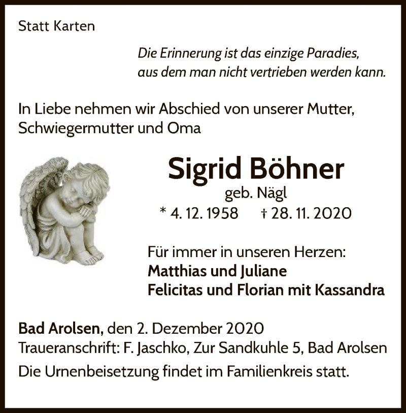  Traueranzeige für Sigrid Böhner vom 02.12.2020 aus WLZ