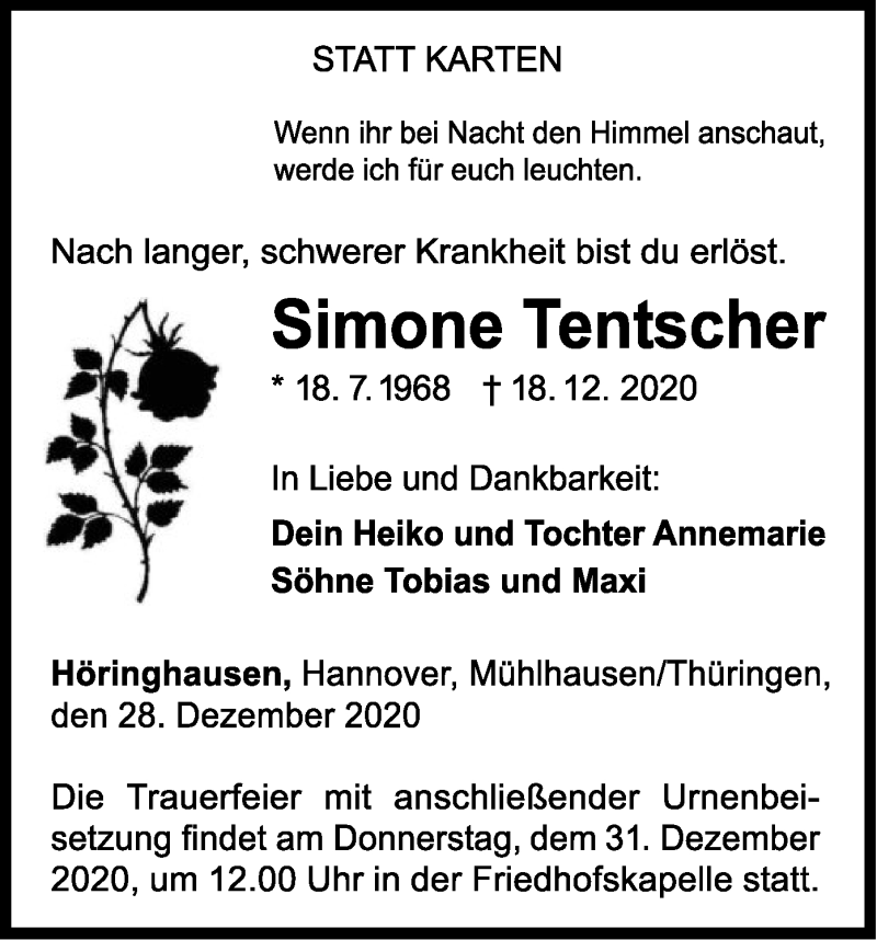  Traueranzeige für Simone Tentscher vom 28.12.2020 aus WLZ