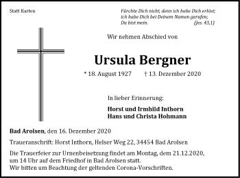 Traueranzeige von Ursula Bergner von WLZ