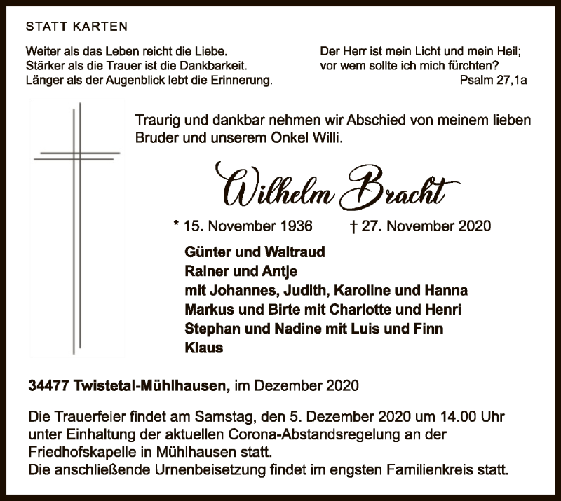  Traueranzeige für Wilhelm Bracht vom 01.12.2020 aus WLZ