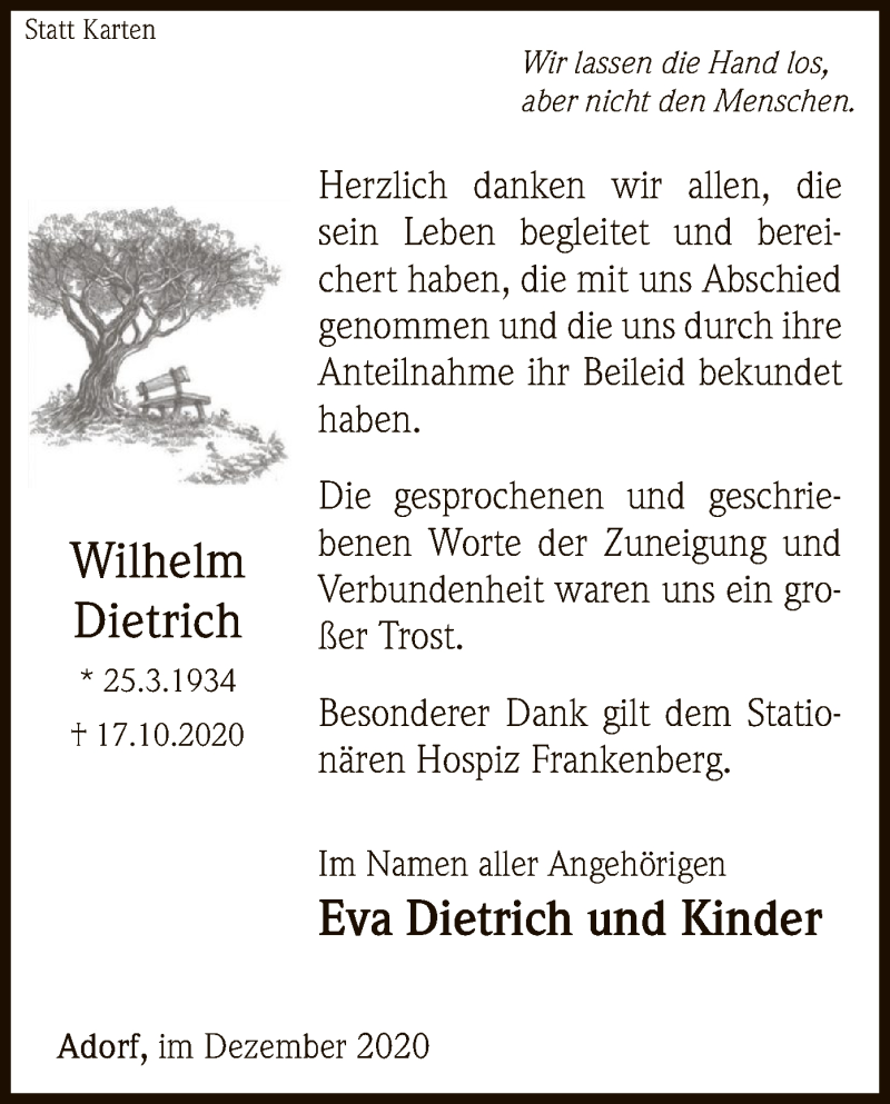  Traueranzeige für Wilhelm Dietrich vom 12.12.2020 aus WLZ