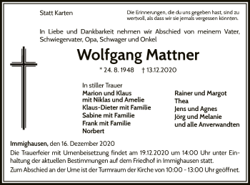 Traueranzeige von Wolfgang Mattner von WLZ