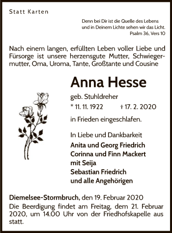 Traueranzeige von Anna Hesse von WLZ