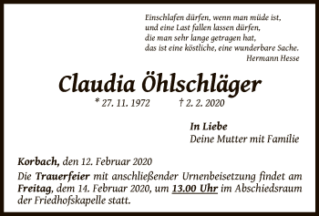 Traueranzeige von Claudia Öhlschläger von WLZ