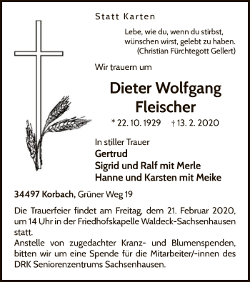 Traueranzeige von Dieter Wolfgang Fleischer von WLZ