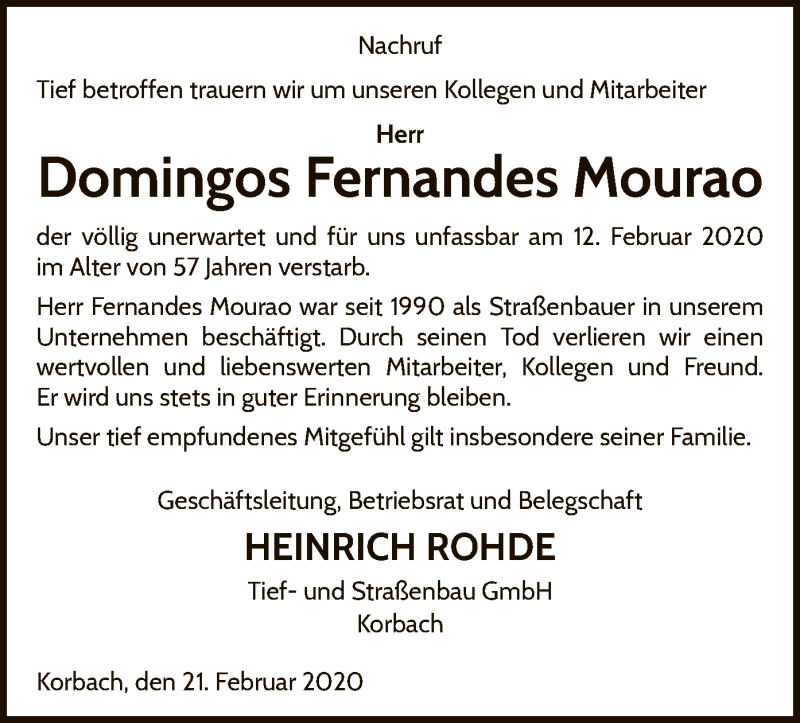  Traueranzeige für Domingos Fernandes Mourao vom 21.02.2020 aus WLZ