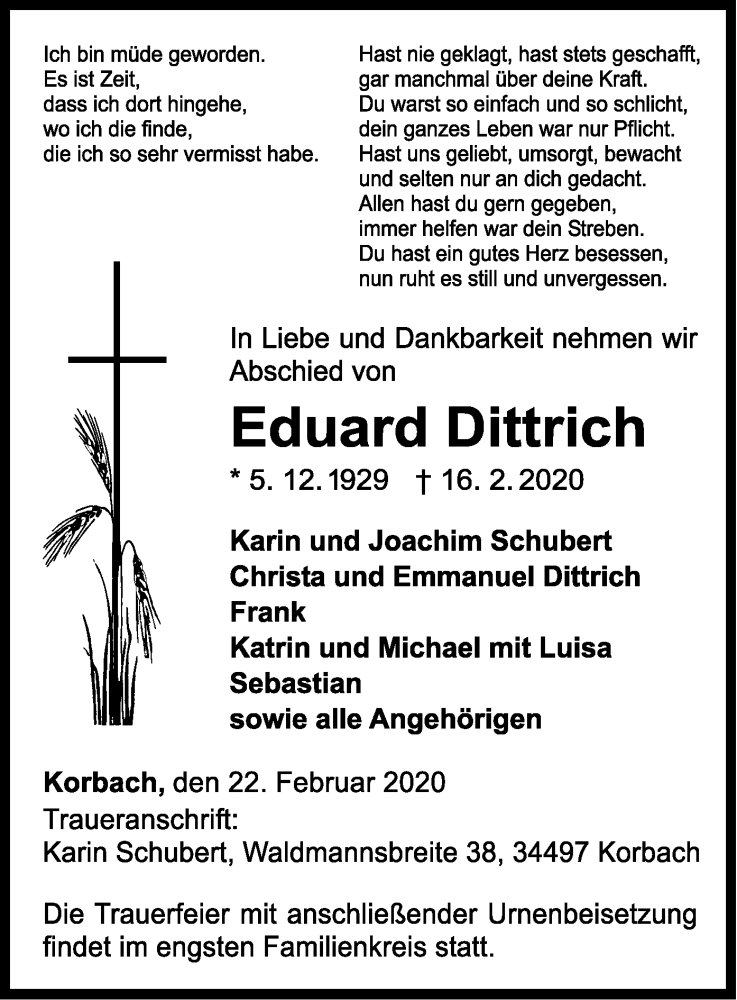  Traueranzeige für Eduard Dittrich vom 22.02.2020 aus WLZ