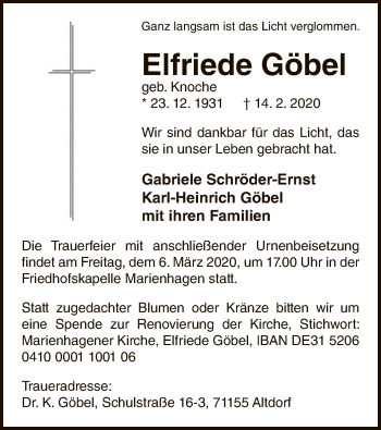 Traueranzeige von Elfriede Göbel von WLZ