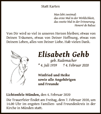 Traueranzeige von Elisabeth Gehb von WLZ