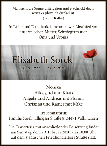 Traueranzeige von Elisabeth Sorek von WLZ