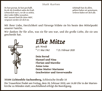 Traueranzeige von Elke Mitze von WLZ