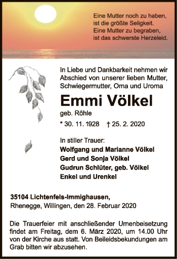 Traueranzeige von Emmi Völkel von WLZ