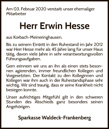 Traueranzeige von Erwin Hesse von WLZ