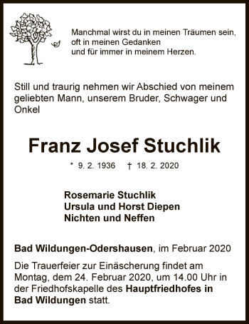 Traueranzeige von Franz Josef Stuchlik von WLZ