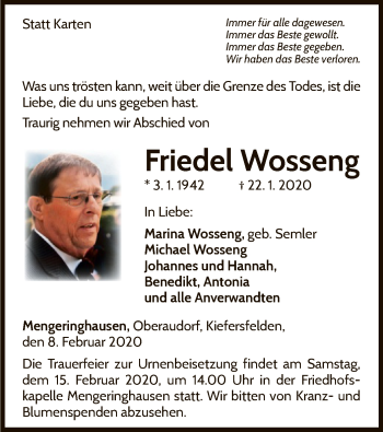 Traueranzeige von Friedel Wosseng von WLZ