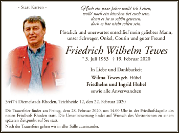 Traueranzeige von Friedrich Wilhelm Tewes von WLZ