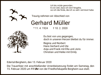 Traueranzeige von Gerhard Müller von WLZ