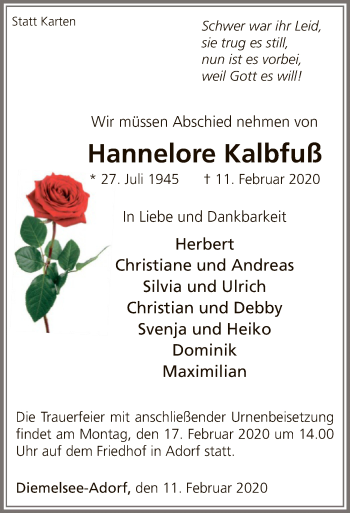 Traueranzeige von Hannelore Kalbfuß von WLZ