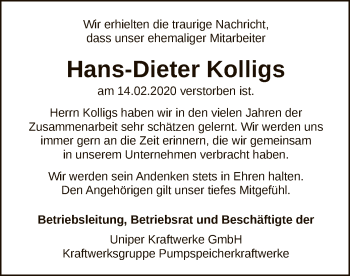 Traueranzeige von Hans-Dieter Kolligs von WLZ