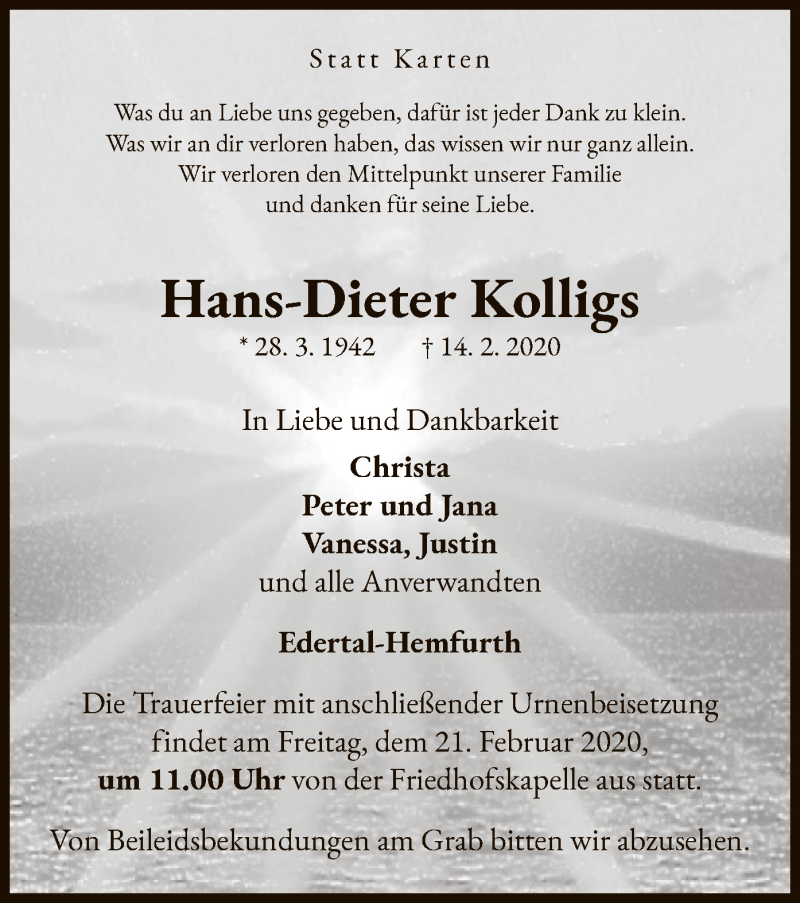  Traueranzeige für Hans-Dieter Kolligs vom 15.02.2020 aus WLZ