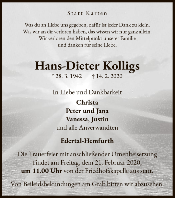 Traueranzeige von Hans-Dieter Kolligs von WLZ