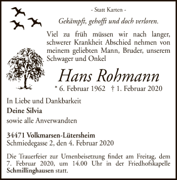 Traueranzeige von Hans Rohmann von WLZ