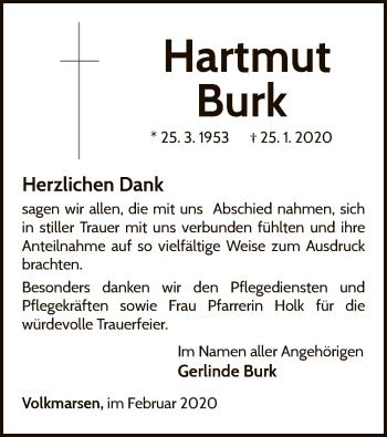 Traueranzeige von Hartmut Burk von WLZ