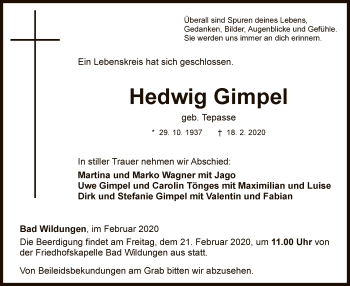 Traueranzeige von Hedwig Gimpel von WLZ