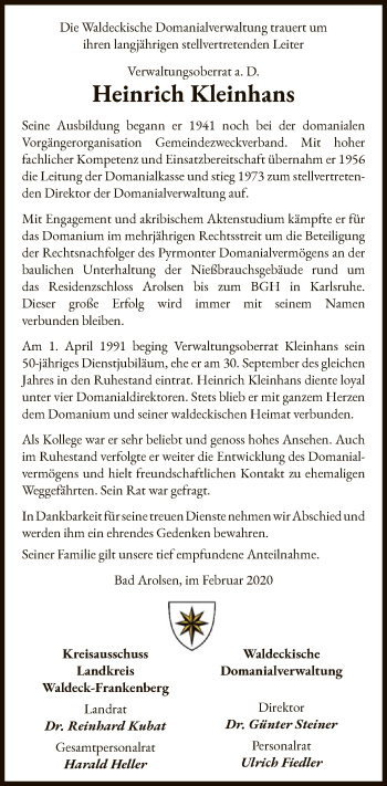 Traueranzeige von Heinrich Kleinhans von WLZ